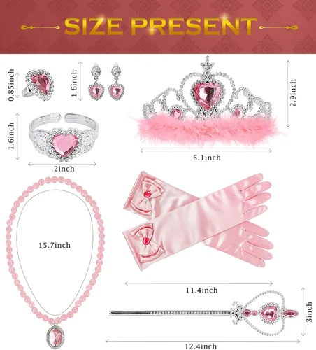 Miniatura 7 de Accesorios de disfraz de princesa BIBUTY, juego de 7 piezas para niñas pequeñas con corona de princesa, varita, guantes, collar, aretes, pulsera