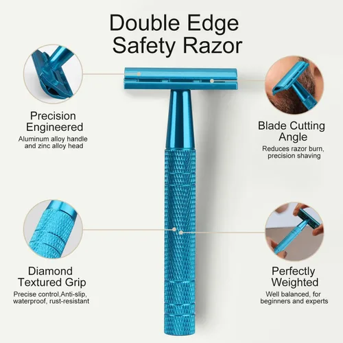 Miniatura 3 de Maquinilla de afeitar de seguridad azul, navajas de una sola hoja para hombres Reusable Metal Razor, with 10 Platinum Coated Double Edge Blades