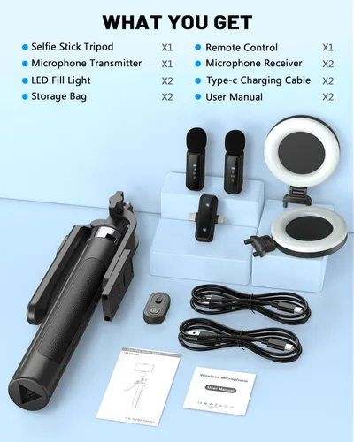 Miniatura 9 de Kit de vlogging para iPhone/Android, trípode para selfie stick de 180 cm para iPhone con luz de relleno, micrófono inalámbrico y control remoto