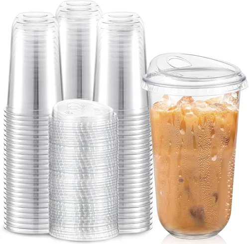Miniatura 13 de Baderke 100 Vasos de Plástico con Tapas para Sorber Fondo Redondo Vasos de Café de Plástico Desechables con Tapas Tazas de Cristal Transparentes sin