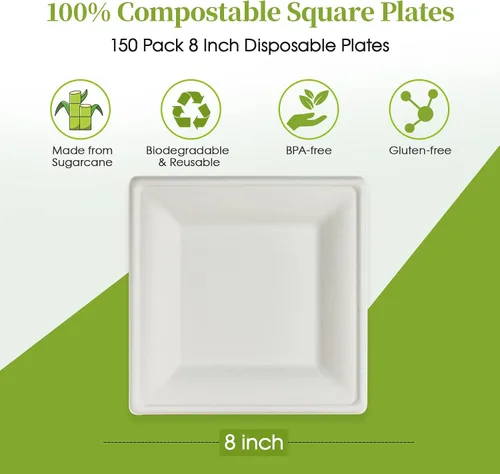 Miniatura 2 de ECOLipak 150 platos de papel cuadrados, platos desechables compostables de 8 pulgadas, platos ecológicos de caña de azúcar biodegradables Blanco-8