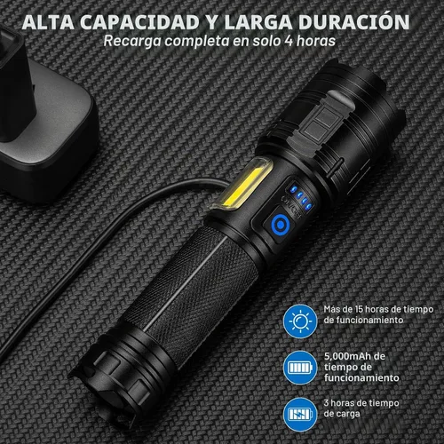 Miniatura 3 de Linterna recargable de 99,000 lúmenes altos, 7 modos de luz LED con COB, potente linterna de mano para el hogar, campamento (paquete de 2)