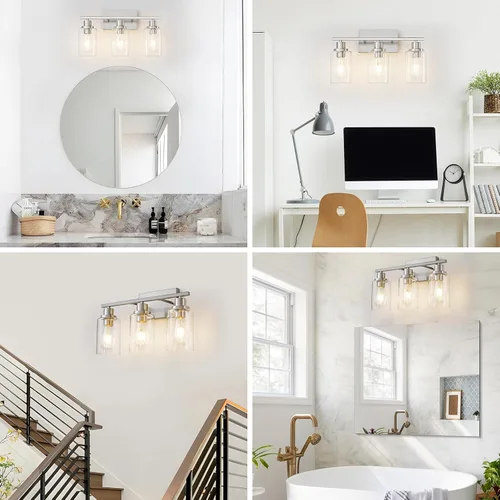 Miniatura 5 de Accesorios de iluminación de baño de 3 luces de níquel cepillado, lámpara de tocador sobre espejo, iluminación de pared moderna de granja, apliques