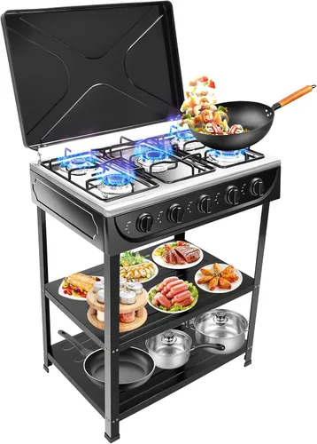 Estufa de gas propano de 5 quemadores, parrilla de cocina al aire libre, estufa de cocina al aire libre con soporte para patas y cubierta de bloqueo