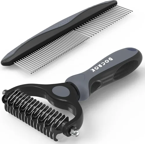 Docrok Cepillo de Aseo para Mascotas y Peine de Metal Combo, Cepillo para Gatos Cepillo para Perros para Muda de Pelo, Rastrillo de Subpelo para Gris