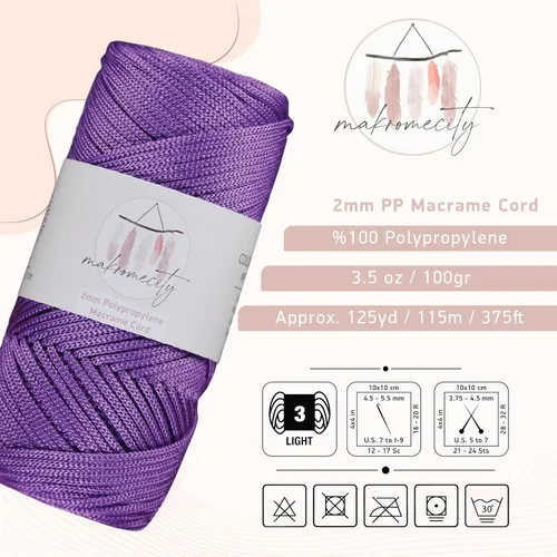 Miniatura 2 de Makromecity, Cordón de macramé de poliéster de 2 mm x 38 m (125 yardas) 2 mm de polipropileno, cordón de macramé para crochet, bolsas, tapetes, Lila