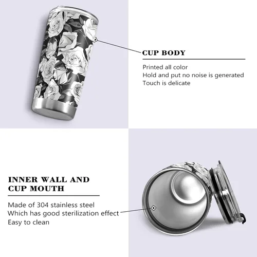 Miniatura 2 de Taza de acero inoxidable simple rosa en blanco y negro con tapa de pajilla, taza de café de viaje aislada para bebidas calientes y frías, taza