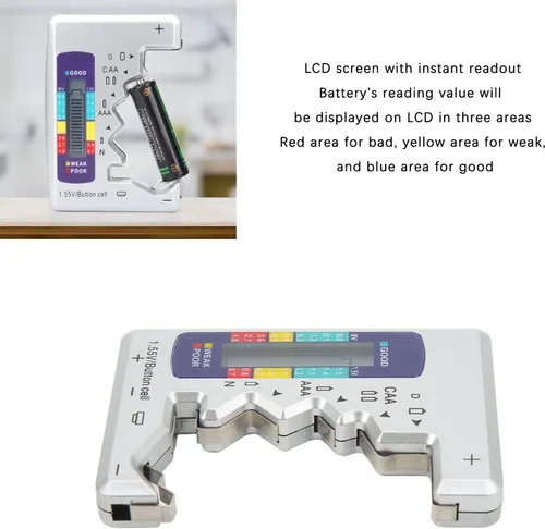 Miniatura 2 de Pilipane AAA, versátil probador digital de capacidad de batería para baterías AA, D, C, N y 9V, pantalla LCD (plata)