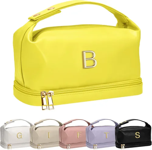 Miniatura 173 de Bolsa de maquillaje con asa, bolsa de cosméticos impermeable de doble capa, bolsas de maquillaje de cuero PU de gran capacidad con letra, bolsa