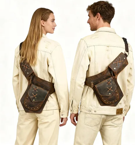 Miniatura 3 de Lona resistente al agua más cuero motocicleta riñonera un hombro gota pierna muslo bolsa para hombres mujeres N211-8, Marrón, Estilo vintage retro