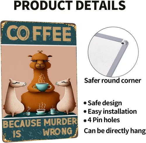 Miniatura 4 de Cartel de metal vintage con texto en inglés «Coffee Because Murder Is Wrong» con texto en inglés «Coffee Because Murder Is Wrong», «Cute Camel and