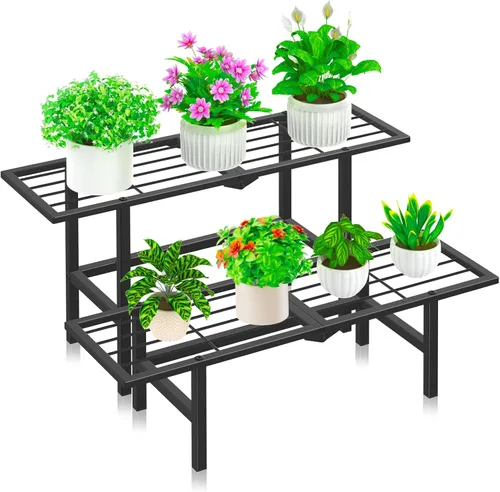 Miniatura 13 de Soporte de metal de 2 niveles para plantas para exteriores e interiores, estante plegable separado para plantas al aire libre, soporte de escalera