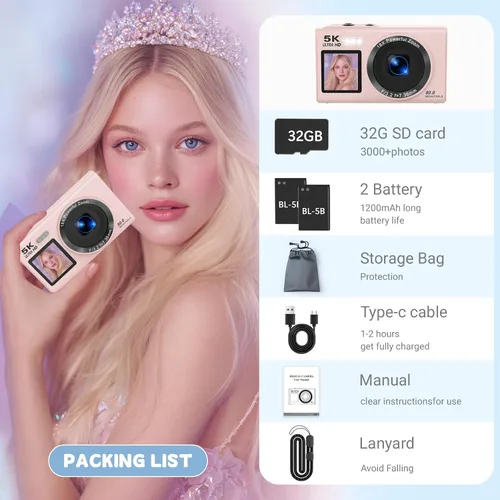 Miniatura 6 de Cámara digital 5K para fotografía, cámara de vlogging de pantalla dual de 80 MP para YouTube con WiFi, zoom digital 16X, función de belleza, Rosa