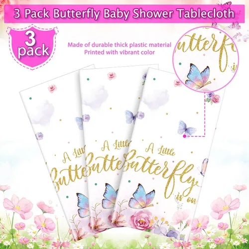 Miniatura 4 de FunnyPars Paquete de 3 manteles de mariposa para baby shower, decoración de baby shower, mantel rectangular desechable de plástico con temática