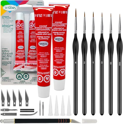 Testors - Adhesivo de cemento modelo de plástico, paquete de 2, 6 pinceles de pintura en miniatura de detalles finos, cuchillo de manualidades de