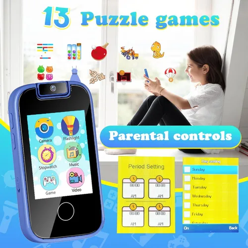 Miniatura 6 de PTHTECHUS Juguetes telefónicos para niños y niñas – Pantalla táctil para niños pequeños, reproductor de música MP3 con doble cámara, rastreador