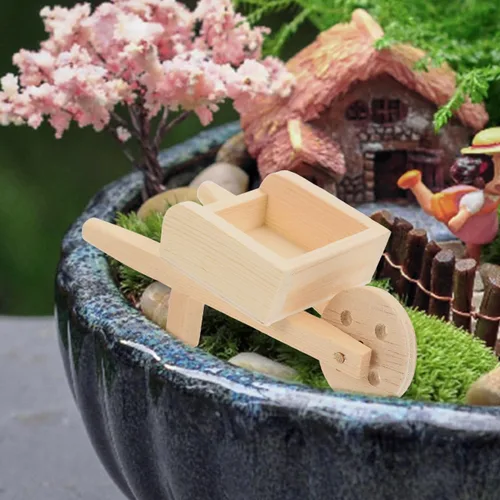 Miniatura 4 de jojofuny Modelo de carretilla de madera pequeña, carrito en miniatura para casa de muñecas, jardín de hadas y decoración del hogar, diseño ligero