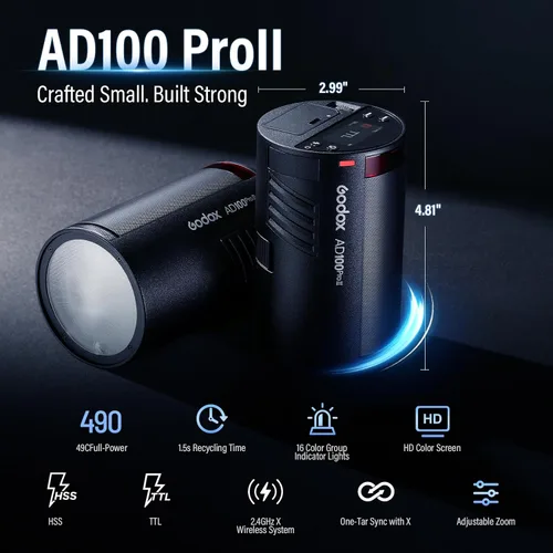 Miniatura 2 de Godox AD100 PRO II AD100Pro II AD100ProII Flash de bolsillo 2026 Godox 100w luz estroboscópica 2W LED, 490 estallidos de potencia completa