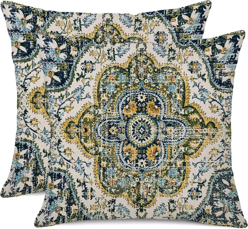 Miniatura 8 de Juego de 2 fundas de almohada impermeables para exteriores de 16 x 16 pulgadas, patrón de alfombra bohemio vintage, diseño étnico negro y gris