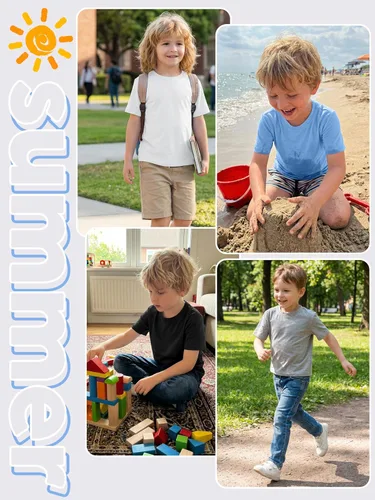 Miniatura 5 de Poroka Paquete de 5 camisetas de algodón de manga corta para niños pequeños, camisetas de tela de verano con cuello redondo para niños