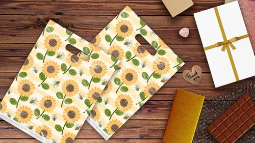 Miniatura 8 de Bolsas de mercancía de diseño de girasoles y abejas de 12 x 15 pulgadas, 50 unidades, con asas troqueladas, bolsas de compras impresas de primera