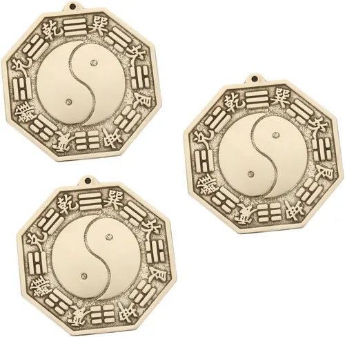 Miniatura 2 de LIFKOME 3 espejos tradicionales chinos de madera Bagua, adornos de espejo Bagua de cobre chino, latón de montaña, espejo convexo de Bagua
