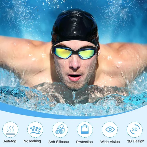 Miniatura 5 de Flutesan Paquete de 6 gafas de natación para adultos, antiniebla, con tapones para los oídos, clip para la nariz, sin fugas, protección completa