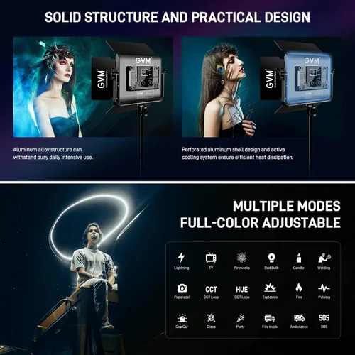 Miniatura 7 de GVM - Luz de video LED RGB con kits de iluminación, panel de luz LED 680RS 50W con control Bluetooth, 2 paquetes de iluminación de fotografía