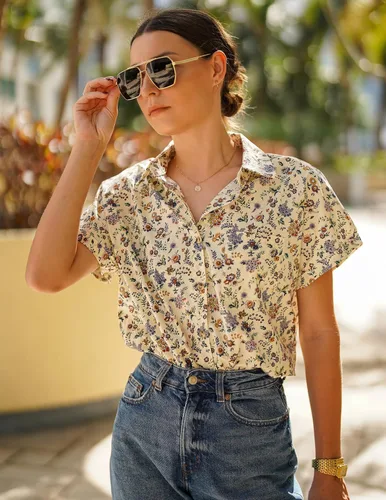 Miniatura 2 de HOTOUCH Camisas de Lino para Mujer con Botones Blusas de Manga Corta de Algodón Cuello en V con Cuello Tops de Gasa con Botones S-3XL