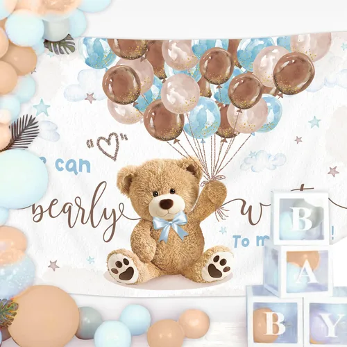 Miniatura 4 de Telón de fondo de oso para baby shower, de 5 pulgadas de ancho x 3 de alto, con texto en inglés «We Can Bearly Wait Brown Blue Balloons» de dibujos