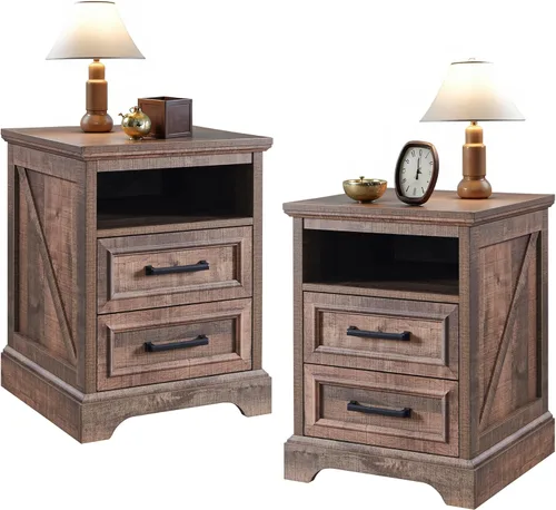 Miniatura 9 de ACCOHOHO Mesita de noche de 18" estilo granja con estación de carga, mesa auxiliar con 2 cajones de almacenamiento, mesa de cabecera, mueble