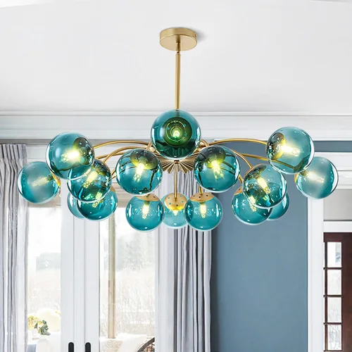 Miniatura 12 de Candelabros Sputnik dorados con globo de vidrio azul, lámpara de techo empotrada con 3 luces de acento de flor de mediados de siglo, candelabros
