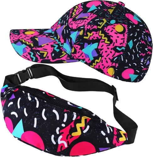 Sotiff Riñonera de 2 piezas de los años 80 y 90 para mujeres y hombres, traje de los años 90, sombrero de cintura ajustable, bolsa retro para