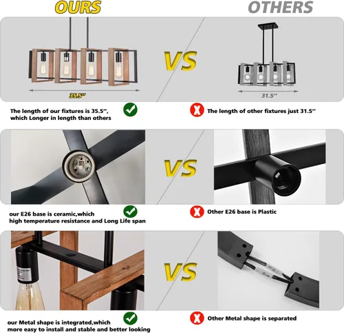 Miniatura 5 de Lámpara colgante de comedor de granja, para isla de cocina, rústica, 4 luces, madera y metal negro, lámpara rectangular para colgar en el techo