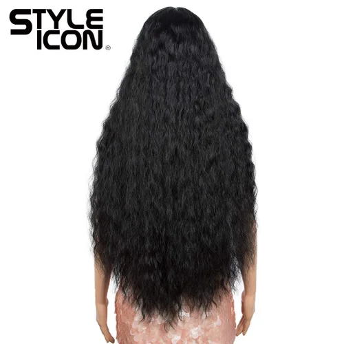 Miniatura 4 de Style Icon Pelucas de encaje en Y de 32 pulgadas de largo, onduladas, color negro, parte media, pelucas sintéticas de densidad del 130%