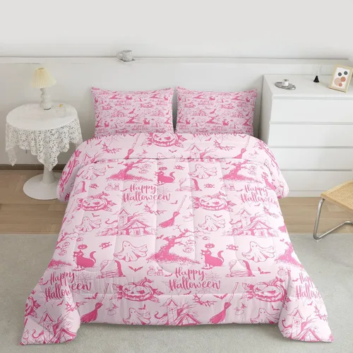 Miniatura 23 de Juego de edredón rosa con temática de Halloween, tamaño individual, edredón de farol de calabaza para adolescentes, juego de ropa de cama de Multi