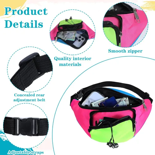 Miniatura 3 de Riñonera de neón de los años 80, 2 bolsillos, bolsas para cinturón de los años 90 para mujeres y hombres, paquetes retro de cintura para festivales