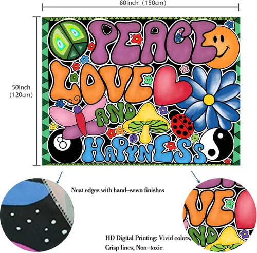 Miniatura 3 de Yanikki Tapiz de pared con signo de paz hippie de 50 x 60 pulgadas, diseño retro de los años 70 para colgar en la pared, decoración bohemia estética