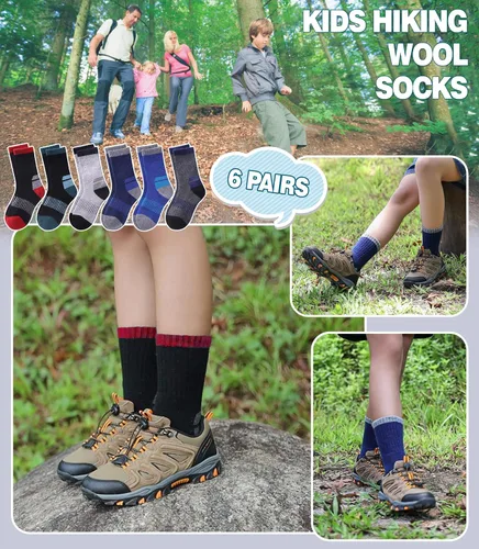 Miniatura 2 de DOSKONI Calcetines de senderismo de lana merino para niños y niñas, para invierno, cálidos, gruesos, térmicos, calcetines de regalo, 6 pares