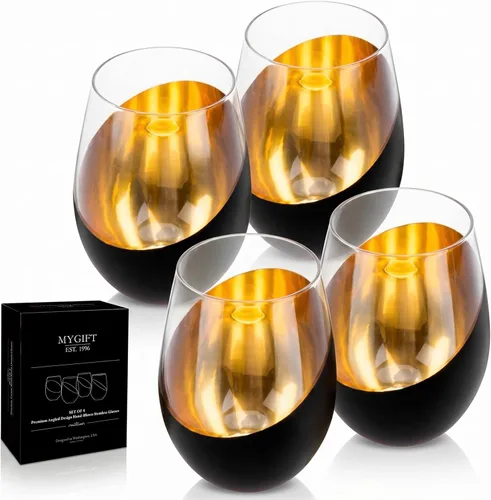 Miniatura 10 de MyGift Juego de 4 copas de vino sin tallo - Barware moderno con acento en cobre, elegantes copas para bodas y celebraciones con acabado metálico