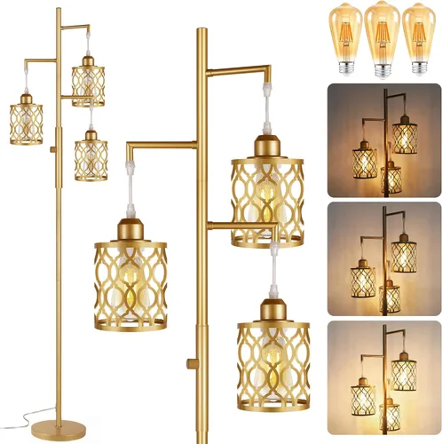ROTTOGOON - Lámpara de pie dorada de 68 pulgadas, industrial, regulable, alta, rústica, de 3 luces, con 3 bombillas E26 de 6 W, diseño de árbol para