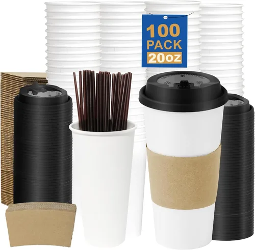 Miniatura 23 de Paquete de 100 tazas de café desechables de pared ondulada corrugada de 16 onzas con tapas y pajitas, tazas aisladas resistentes para bebidas