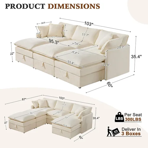 Miniatura 3 de Ihanherry Sofá cama modular de gran tamaño con almacenamiento, sofá nube modular de 6 plazas de 103 pulgadas con otomanas móviles, sofás de felpilla