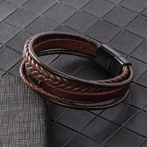 Miniatura 3 de Arcutina Pulsera trenzada marrón casual de cuero negro para hombre