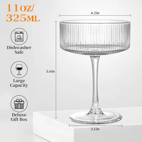 Miniatura 2 de Amyoole Juego de Vasos de Copa Vintage acanalados de 6-11oz de Cristal 100% Transparente Elegantes Vasos de Cóctel, Cristalería Transparente