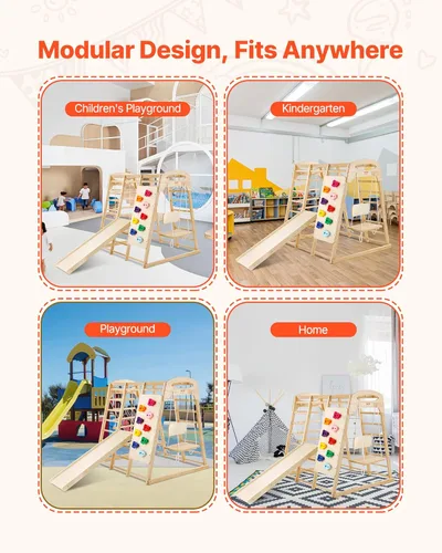 Miniatura 6 de VEVOR Gimnasio interior de la selva, parque infantil 7 en 1, 47.2 x 58 x 56 pulgadas, con escalera de madera y cuerda, escalera de red, columpio