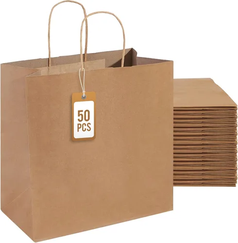 PAICUIKE 50 piezas de bolsas de papel marrón con asas, grandes de 28 x 15 x 28 cm, bolsas de papel Kraft para compras y mercancía minorista, bolsas