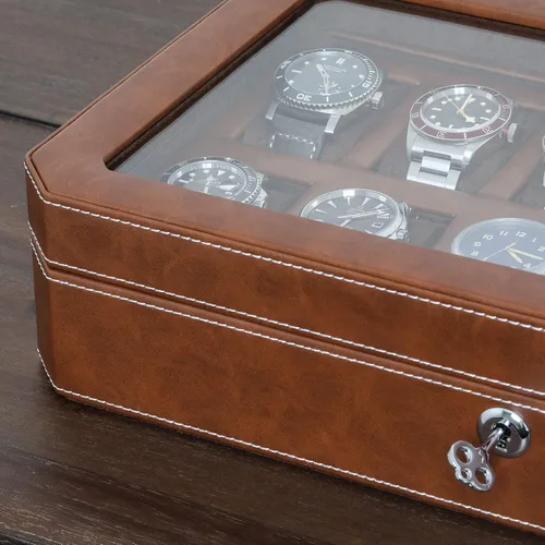 Miniatura 5 de ROTHWELL Caja de reloj de cuero con 12 ranuras, organizador de lujo para relojes, forro de microgamuza, soporte para relojes de joyería para hombre