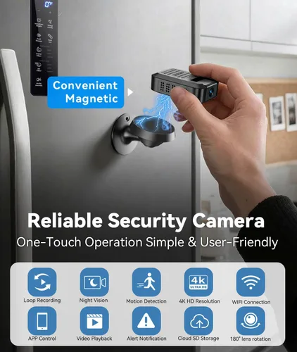 Miniatura 2 de Minicámara - Cámara de niñera inalámbrica 4K HD WiFi para interiores con detección humana AI, visión nocturna, diseño magnético, almacenamiento
