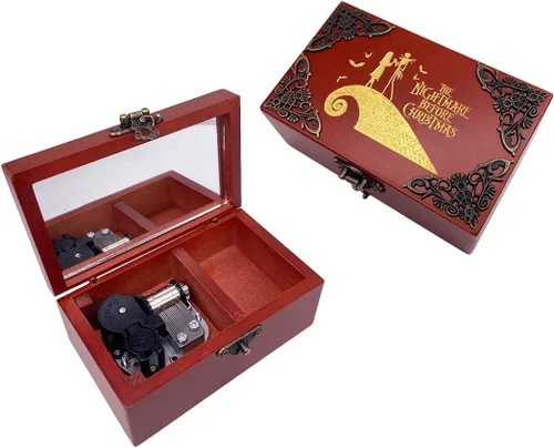 Miniatura 20 de Youtang Caja de Música de Joyería de Nightmare Before Christmas con Espejo, Caja Musical de Madera Grabada con Láser, Caja Musical de Cuerda, Regalo